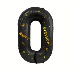 Balon din Folie Metalizata , Figurina Cifra, Scris Happy Birthday, Tema Aniversare 100 cm, Ambalaj Individual, Pai inclus, Umflare cu Aer sau Heliu, Negru, Cifra 0