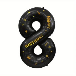 Balon din Folie Metalizata , Figurina Cifra, Scris Happy Birthday, Tema Aniversare 100 cm, Ambalaj Individual, Pai inclus, Umflare cu Aer sau Heliu, Negru, Cifra 8