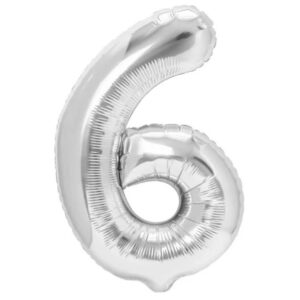 Balon din Folie Metalizata, , Figurina Cifra, Tema Aniversare 100 cm, Ambalaj Individual, Pai inclus, Umflare cu Aer sau Heliu, Argintiu, Cifra 6