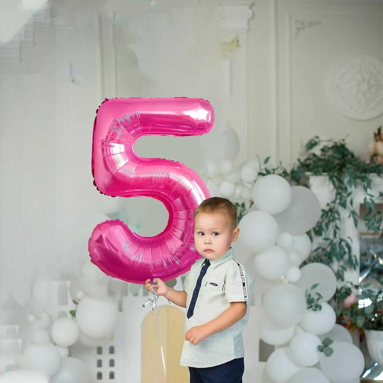 Balon din Folie Metalizata , Figurina Cifra, Tema Aniversare 40 cm, Ambalaj Individual, Pai inclus, Umflare cu Aer sau Heliu, Roz, Cifra 5 - imagine 4