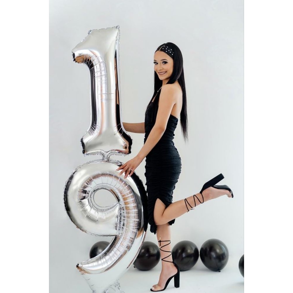 Balon din Folie Metalizata , Figurina Cifra, Tema Aniversare 40 cm, Ambalaj Individual, Pai inclus, Umflare cu Aer sau Heliu, Argintiu, Cifra 9 - imagine 4