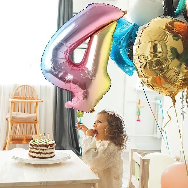 Balon din Folie Metalizata , Figurina Cifra, Tema Aniversare 40 cm, Ambalaj Individual, Pai inclus, Umflare cu Aer sau Heliu, Multicolor, Cifra 4 - imagine 2