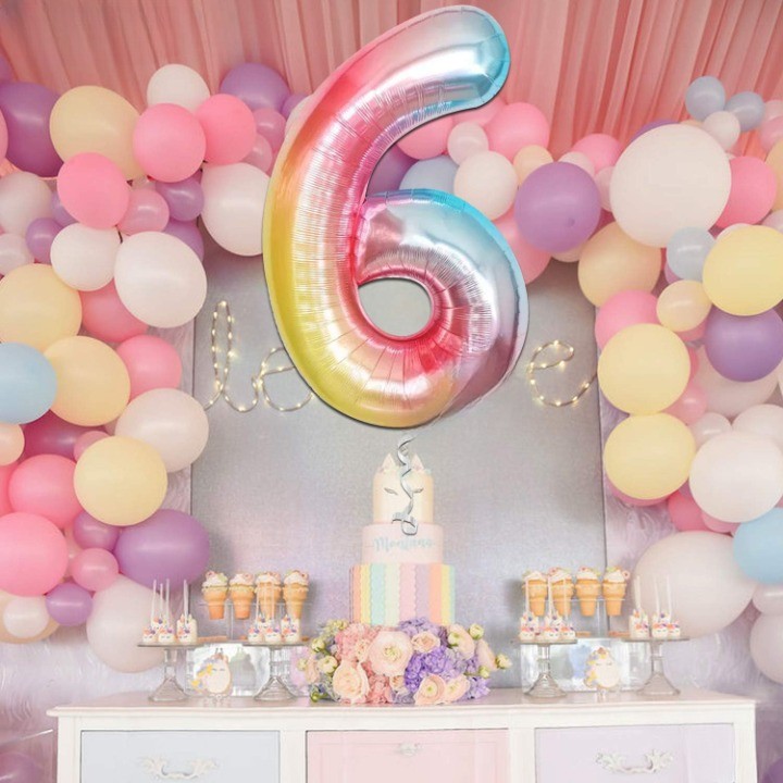 Balon din Folie Metalizata , Figurina Cifra, Tema Aniversare 40 cm, Ambalaj Individual, Pai inclus, Umflare cu Aer sau Heliu, Multicolor, Cifra 6 - imagine 2