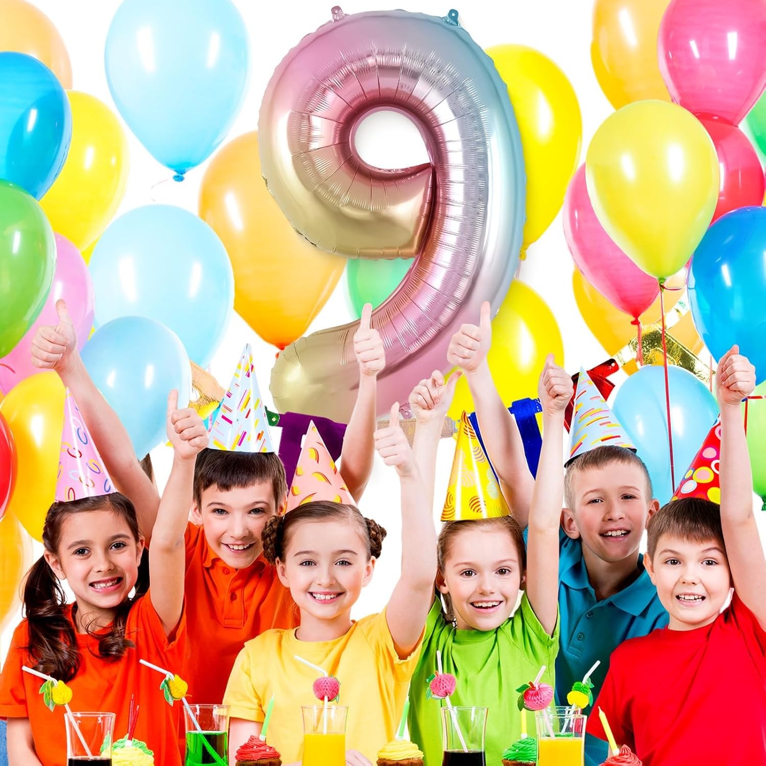 Balon din Folie Metalizata , Figurina Cifra, Tema Aniversare 40 cm, Ambalaj Individual, Pai inclus, Umflare cu Aer sau Heliu, Multicolor, Cifra 9 - imagine 4