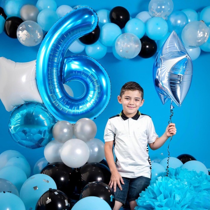 Balon din Folie Metalizata , Figurina Cifra, Tema Aniversare 40 cm, Ambalaj Individual, Pai inclus, Umflare cu Aer sau Heliu, Albastru, Cifra 6 - imagine 2