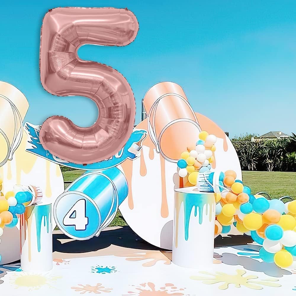 Balon din Folie Metalizata , Figurina Cifra, Tema Aniversare 40 cm, Ambalaj Individual, Pai inclus, Umflare cu Aer sau Heliu, Rose Gold, Cifra 5 - imagine 3