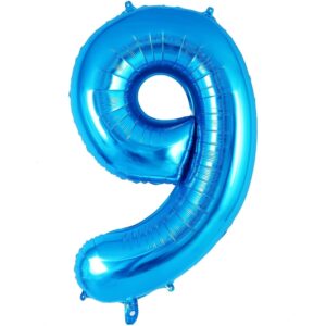 Balon din Folie Metalizata , Figurina Cifra, Tema Aniversare 40 cm, Ambalaj Individual, Pai inclus, Umflare cu Aer sau Heliu, Albastru, Cifra 9