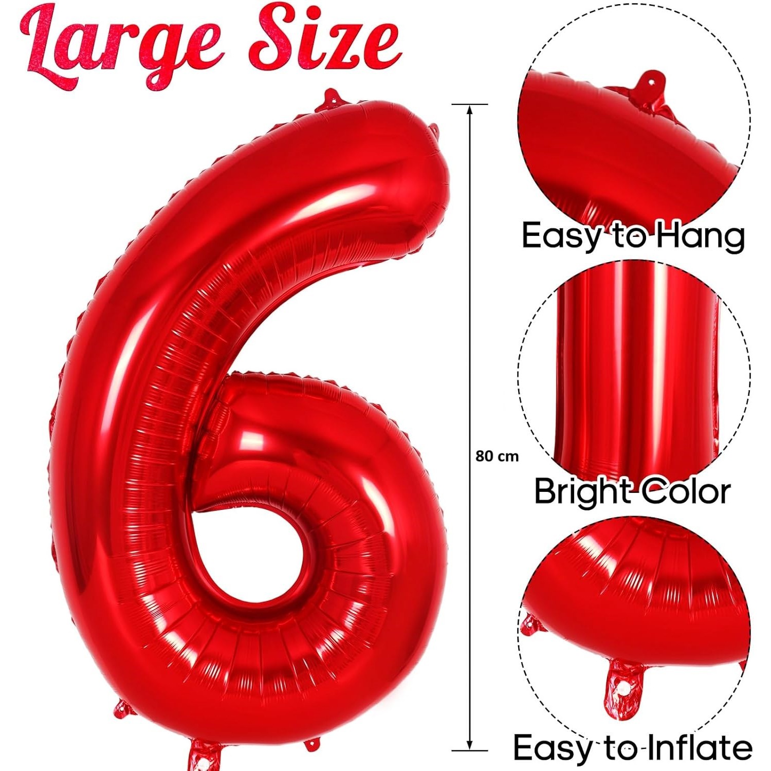 Balon din Folie Metalizata , Figurina Cifra, Tema Aniversare 80 cm, Ambalaj Individual, Pai inclus, Umflare cu Aer sau Heliu, Rosu, Cifra 6 - imagine 2
