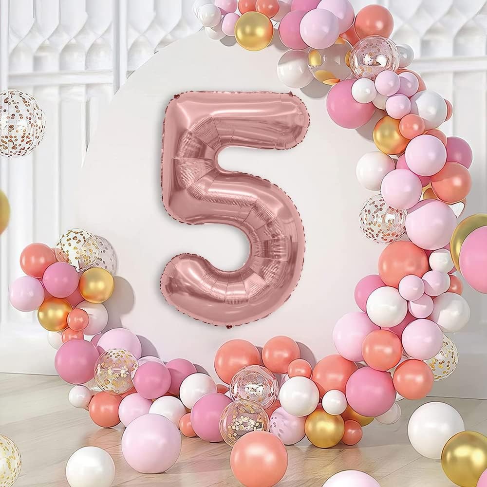 Balon din Folie Metalizata , Figurina Cifra, Tema Aniversare 80 cm, Ambalaj Individual, Pai inclus, Umflare cu Aer sau Heliu, Rose, Cifra 5 - imagine 2