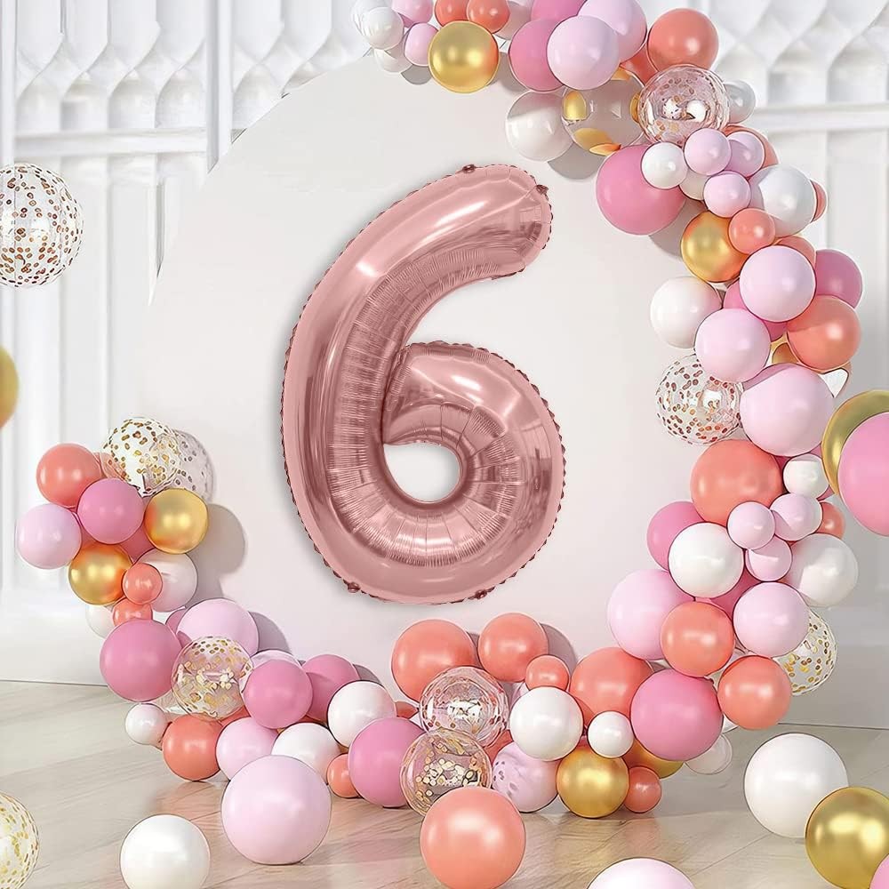 Balon din Folie Metalizata , Figurina Cifra, Tema Aniversare 80 cm, Ambalaj Individual, Pai inclus, Umflare cu Aer sau Heliu, Rose, Cifra 6 - imagine 2