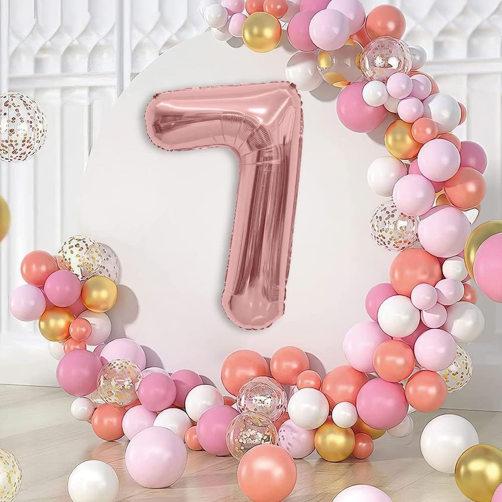 Balon din Folie Metalizata , Figurina Cifra, Tema Aniversare 80 cm, Ambalaj Individual, Pai inclus, Umflare cu Aer sau Heliu, Rose, Cifra 7 - imagine 2