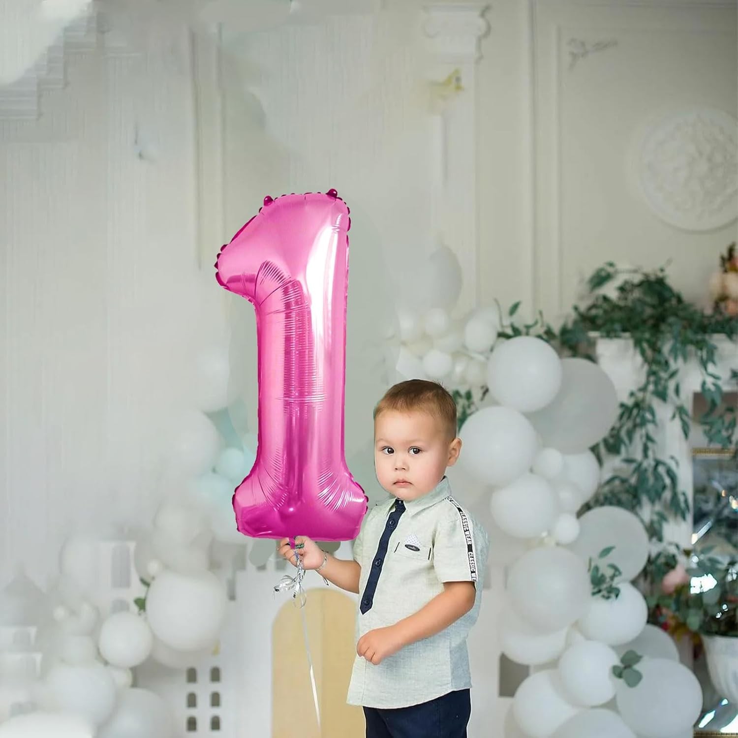 Balon din Folie Metalizata , Figurina Cifra, Tema Aniversare 80 cm, Ambalaj Individual, Pai inclus, Umflare cu Aer sau Heliu, Roz, Cifra 1 - imagine 3