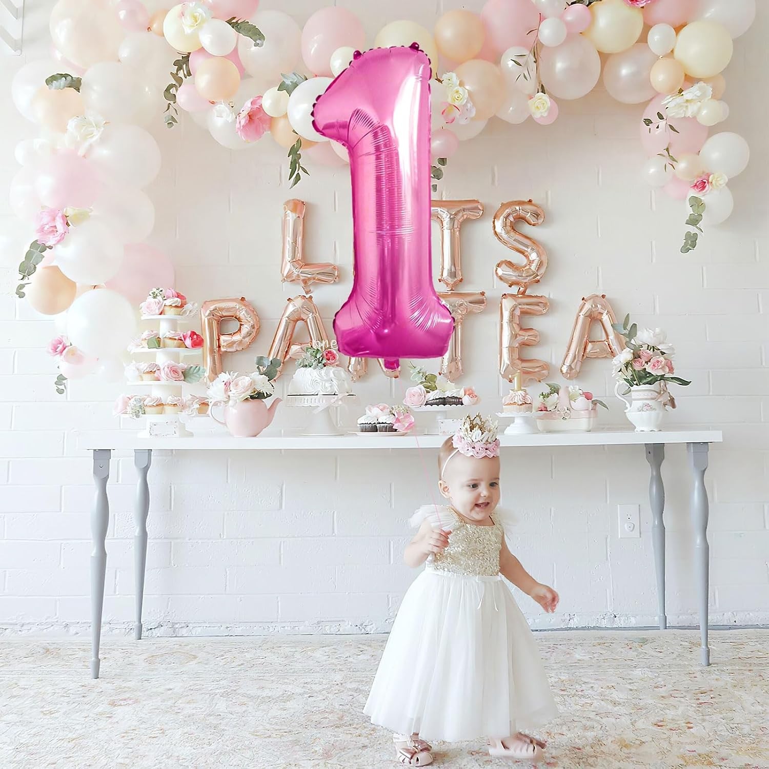 Balon din Folie Metalizata , Figurina Cifra, Tema Aniversare 80 cm, Ambalaj Individual, Pai inclus, Umflare cu Aer sau Heliu, Roz, Cifra 1 - imagine 4