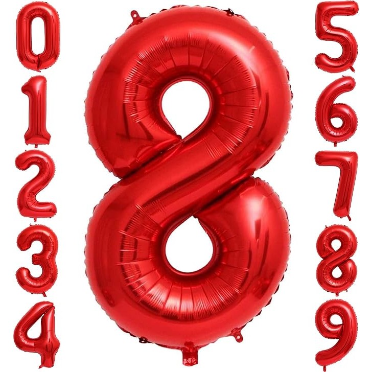 Balon din Folie Metalizata , Figurina Cifra, Tema Aniversare 80 cm, Ambalaj Individual, Pai inclus, Umflare cu Aer sau Heliu, Rosu, Cifra 8 - imagine 3