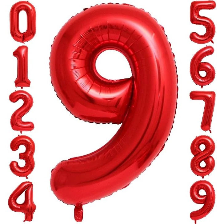 Balon din Folie Metalizata , Figurina Cifra, Tema Aniversare 80 cm, Ambalaj Individual, Pai inclus, Umflare cu Aer sau Heliu, Rosu, Cifra 9 - imagine 3