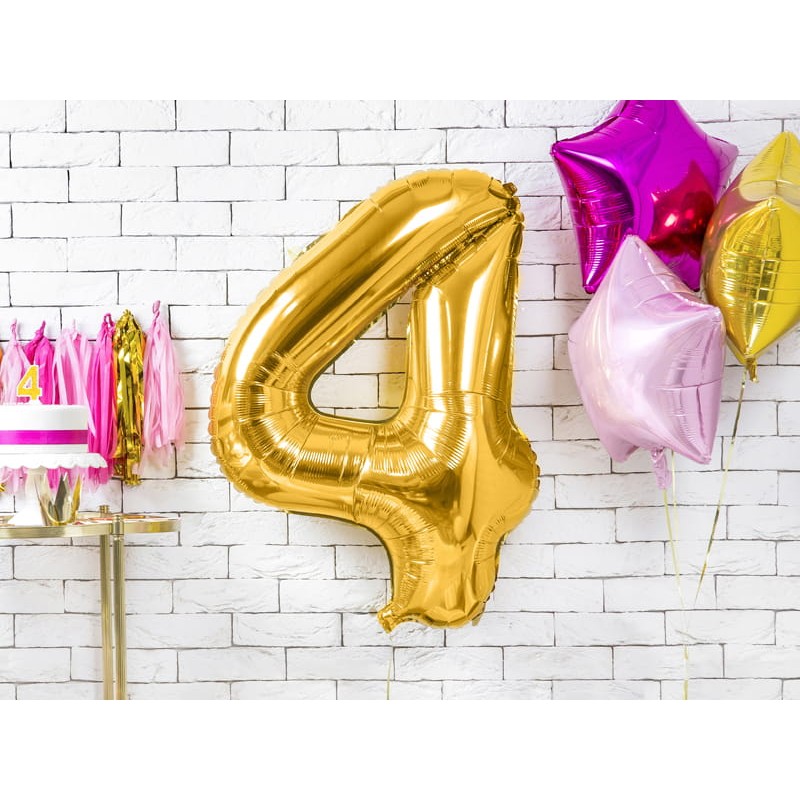 Balon din Folie Metalizata , Figurina Cifra, Tema Aniversare 40 cm, Ambalaj Individual, Pai inclus, Umflare cu Aer sau Heliu, Auriu, Cifra 4 - imagine 2