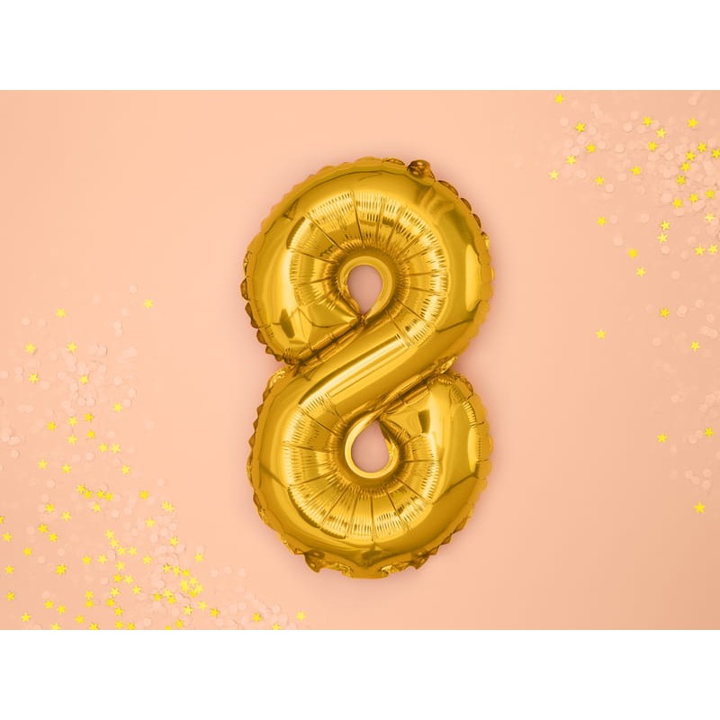 Balon din Folie Metalizata , Figurina Cifra, Tema Aniversare 80 cm, Ambalaj Individual, Pai inclus, Umflare cu Aer sau Heliu, Auriu, Cifra 8 - imagine 2