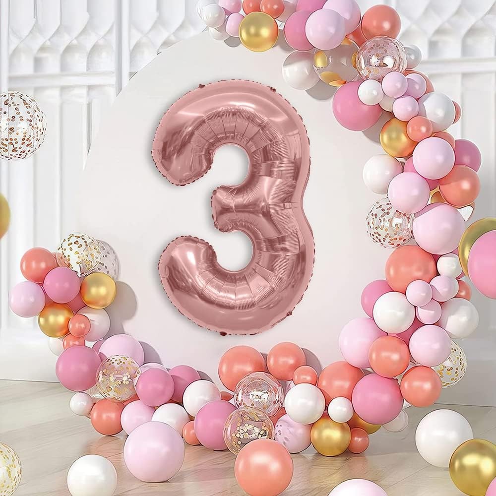 Balon din Folie Metalizata , Figurina Cifra, Tema Aniversare 80 cm, Ambalaj Individual, Pai inclus, Umflare cu Aer sau Heliu, Rose Gold, Cifra 3 - imagine 3