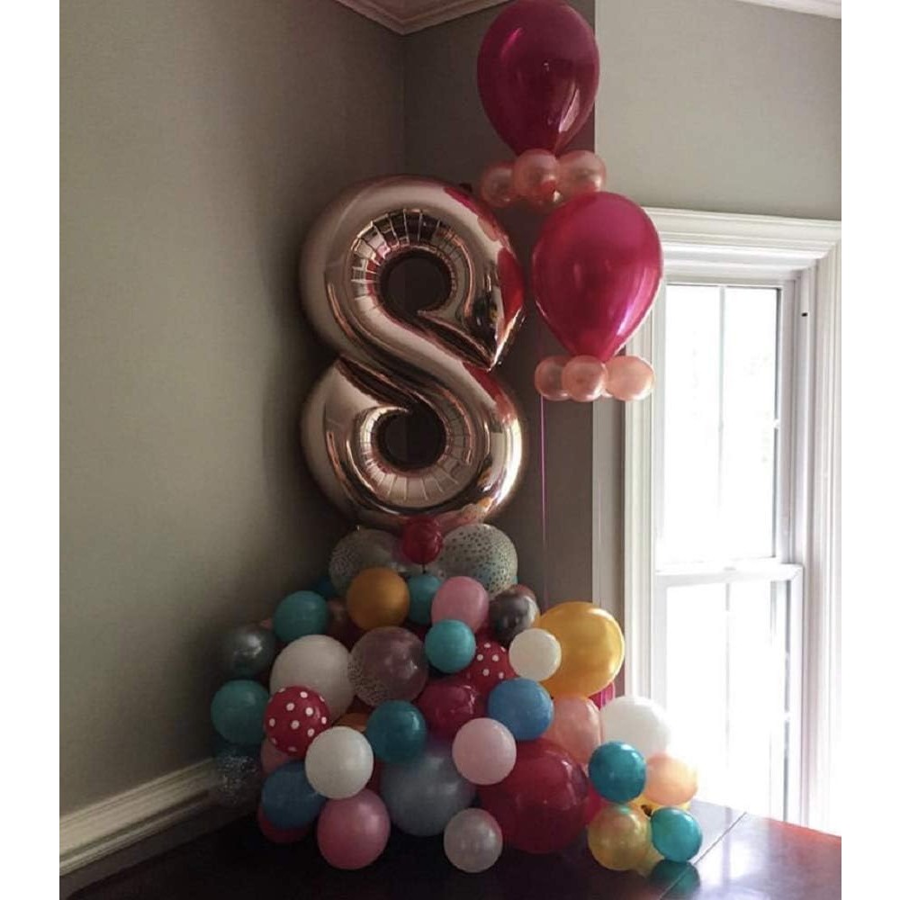 Balon din Folie Metalizata , Figurina Cifra, Tema Aniversare 80 cm, Ambalaj Individual, Pai inclus, Umflare cu Aer sau Heliu, Rose Gold, Cifra 8 - imagine 2