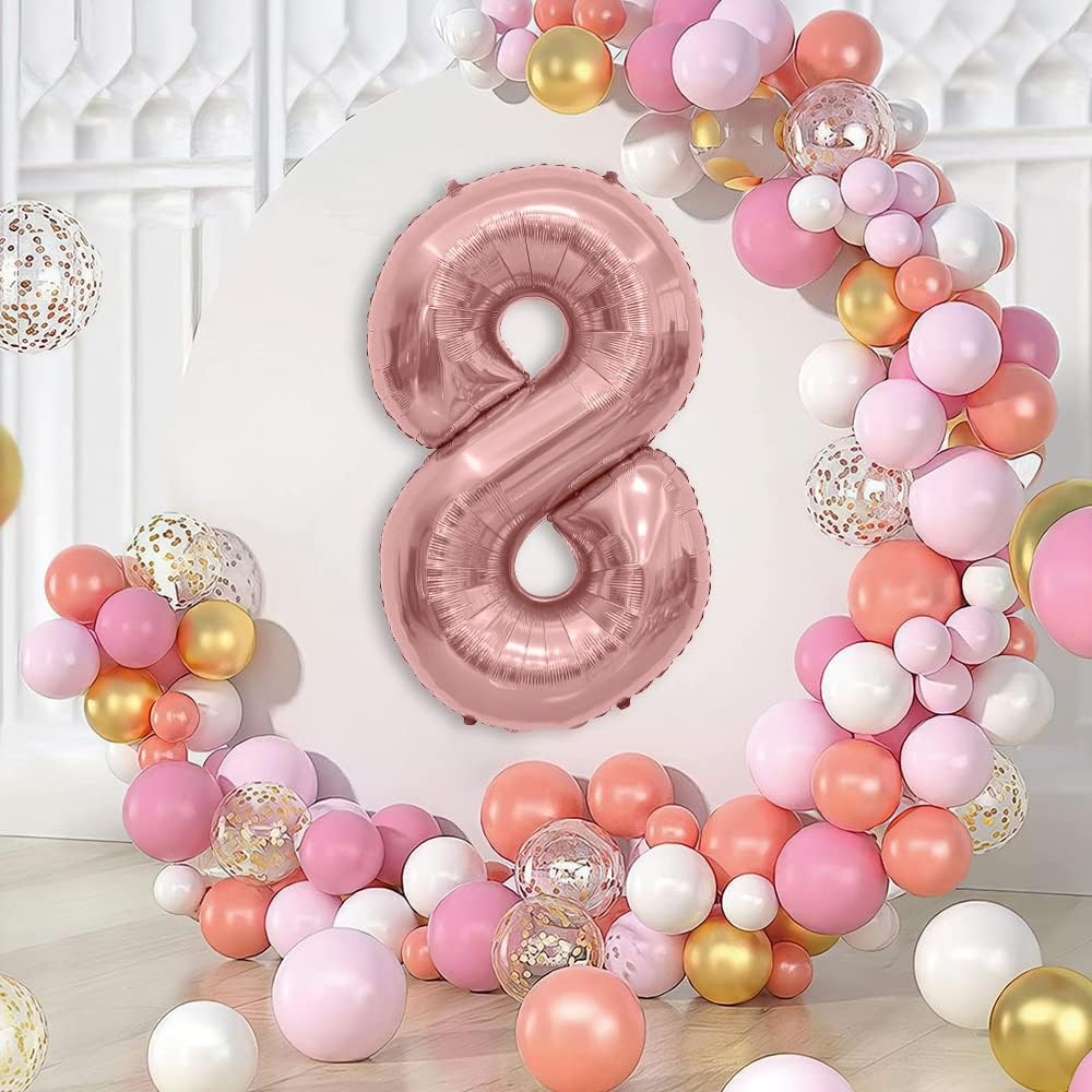 Balon din Folie Metalizata , Figurina Cifra, Tema Aniversare 80 cm, Ambalaj Individual, Pai inclus, Umflare cu Aer sau Heliu, Rose Gold, Cifra 8 - imagine 3