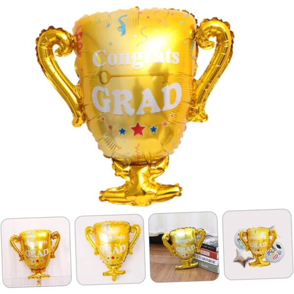 Balon din Folie Metalizata, , Figurina Cupa, Tema Absolvire, 65x72cm, Ambalaj Individual, Pai Inclus, Umflare cu Aer sau Heliu, Galben - imagine 3