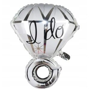 Balon din Folie Metalizata, , Figurina Inel de Logodna, Model Diamant, Tema Nunta, 60 cm, Ambalaj Individual, Pai Inclus, Umflare cu Aer sau Heliu, Alb