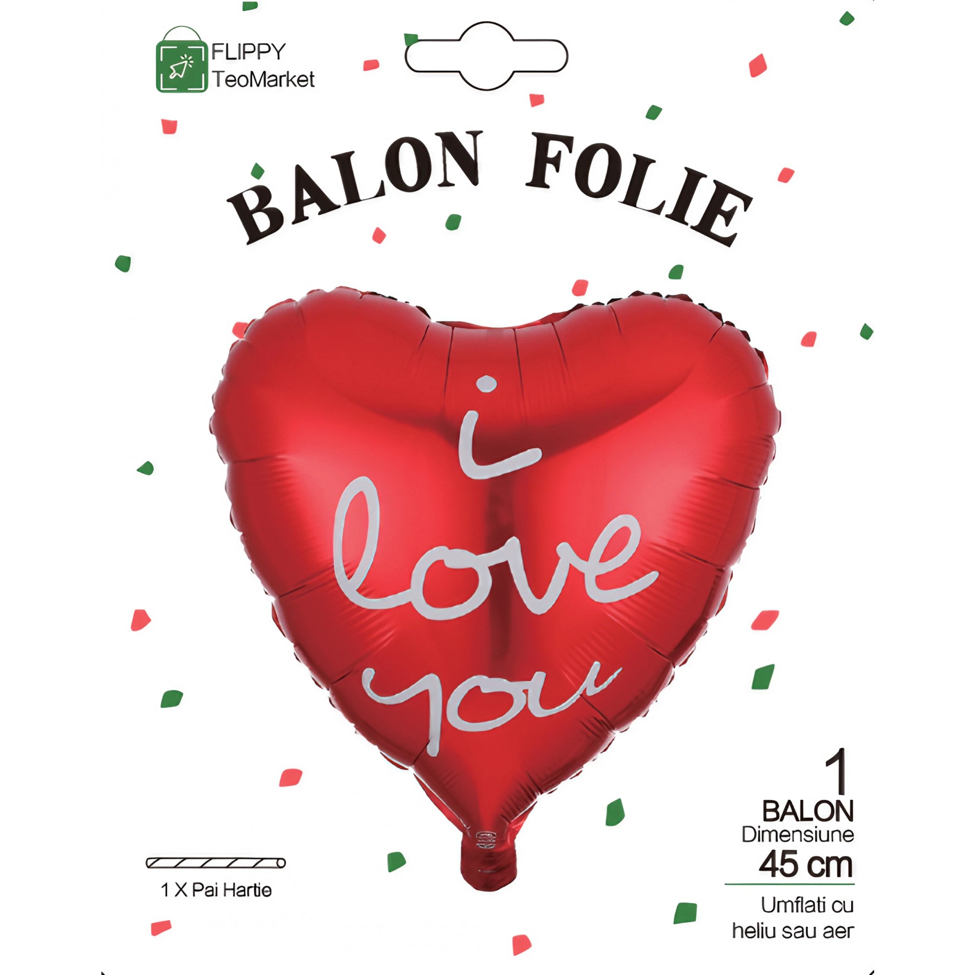 Balon din Folie Metalizata, , Figurina Inima, Model I Love You Scris de Mana, Tema Ziua Indragostitilor, 45 cm, Ambalaj Individual, Pai Inclus, Umflare cu Aer sau Heliu, Rosu - imagine 3