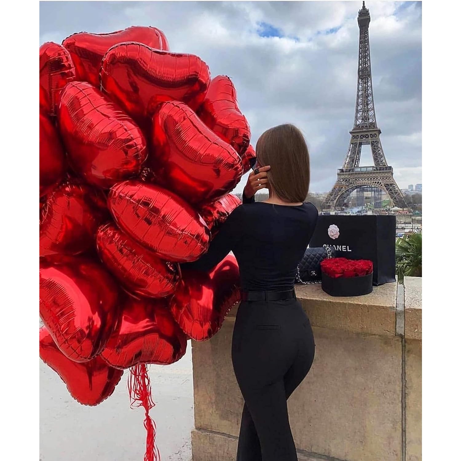 Balon din Folie Metalizata, , Figurina Inimioara, Model Simplu, Tematica Iubire, 40 cm, Ambalaj Individual, Pai Inclus, Umflare cu Aer sau Heliu, Rosu - imagine 4