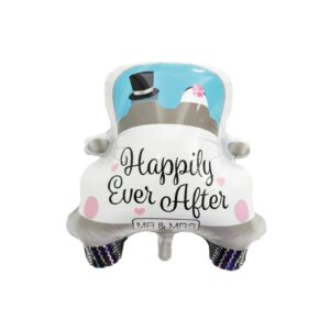 Balon din Folie Metalizata, , Figurina Masina, Model Nunta Happily Ever After, Tema Nunta, 60 x 63 cm, Ambalaj Individual, Pai Inclus, Umflare cu Aer sau Heliu, Alb