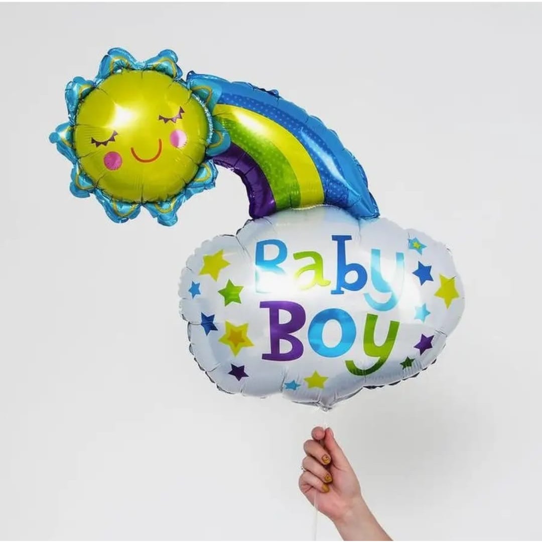Balon din Folie Metalizata, , Figurina Soare si Nor, Tema Botez, 60x53 cm, Ambalaj Individual, Pai Inclus, Umflare cu Aer sau Heliu, Albastru - imagine 3