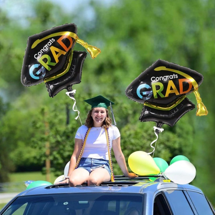 Balon din Folie Metalizata, , Figurina, Model Toca Congrats Grad, Tematica Absolvire,  66x66 cm, Ambalaj Individual, Pai Inclus, Umflare cu Aer sau Heliu, Negru - imagine 2