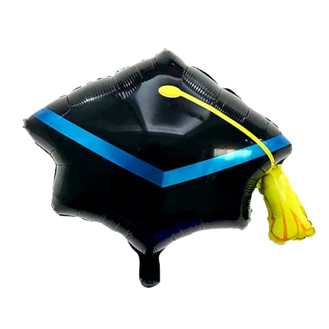 Balon din Folie Metalizata, , Figurina, Model Toca Congrats Grad, Tematica Absolvire, 56x70 cm, Ambalaj Individual, Pai Inclus, Umflare cu Aer sau Heliu, Negru-Albastru