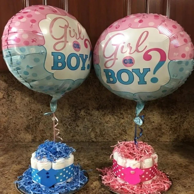 Balon din Folie Metalizata, , Figurina Rotunda, Model Girl or Boy, Tema Gender Reveal, 45 cm, Ambalaj Individual, Pai Inclus, Umflare cu Aer sau Heliu, Albastru/Roz - imagine 2