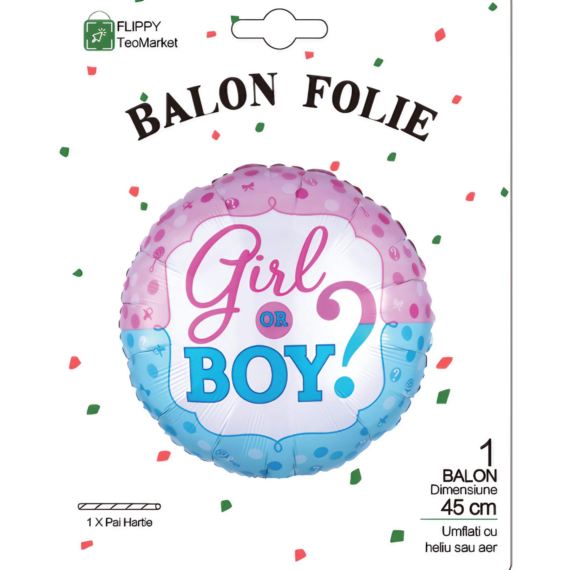 Balon din Folie Metalizata, , Figurina Rotunda, Model Girl or Boy, Tema Gender Reveal, 45 cm, Ambalaj Individual, Pai Inclus, Umflare cu Aer sau Heliu, Albastru/Roz - imagine 4