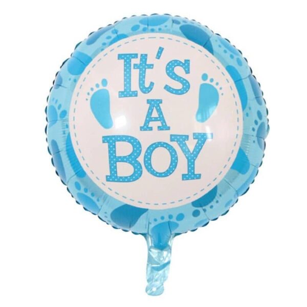 Balon din Folie Metalizata, , Figurina Rotunda, Model It's a Boy, Tema Gender Reveal, 45 cm, Ambalaj Individual, Pai Inclus, Umflare cu Aer sau Heliu, Albastru