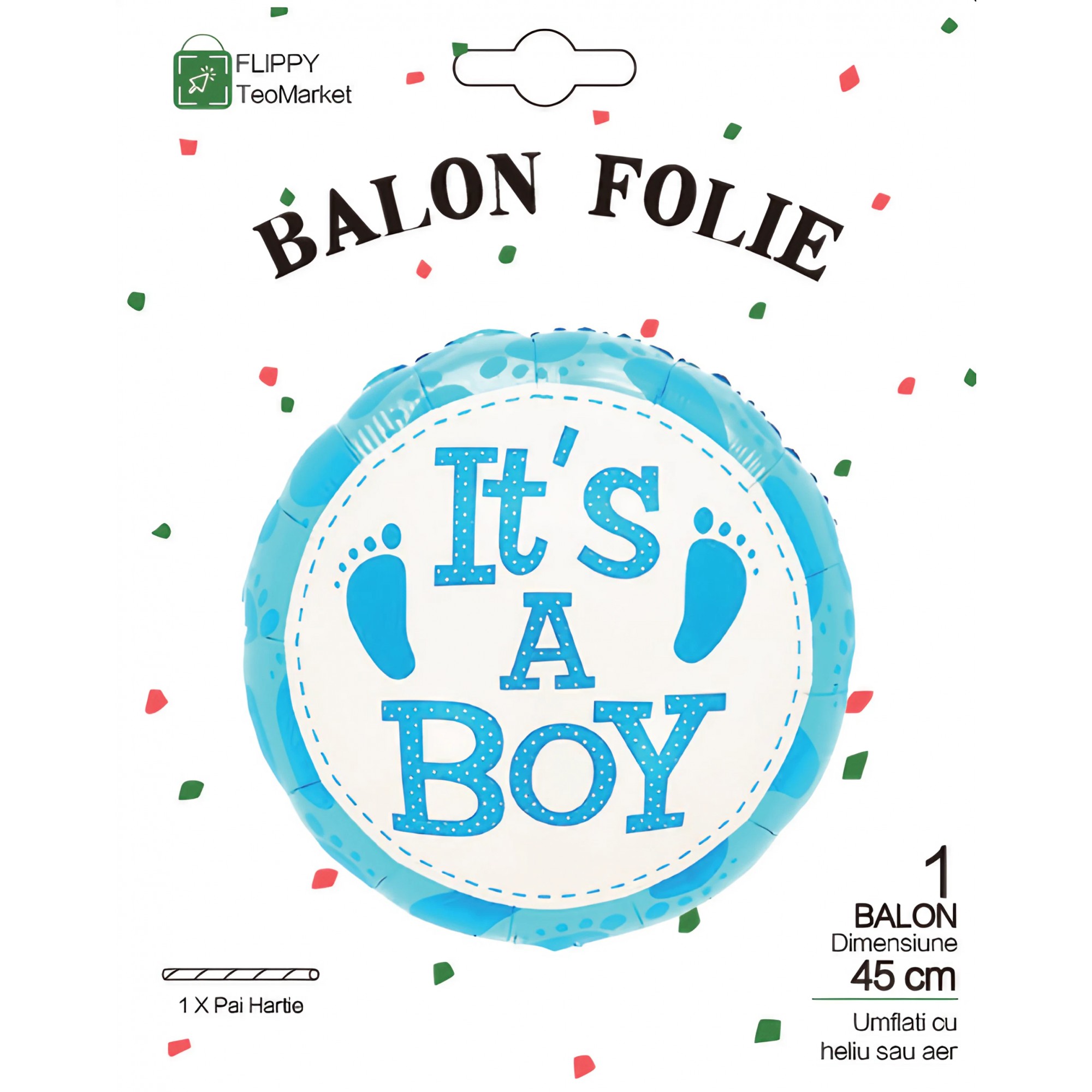 Balon din Folie Metalizata, , Figurina Rotunda, Model It's a Boy, Tema Gender Reveal, 45 cm, Ambalaj Individual, Pai Inclus, Umflare cu Aer sau Heliu, Albastru - imagine 4