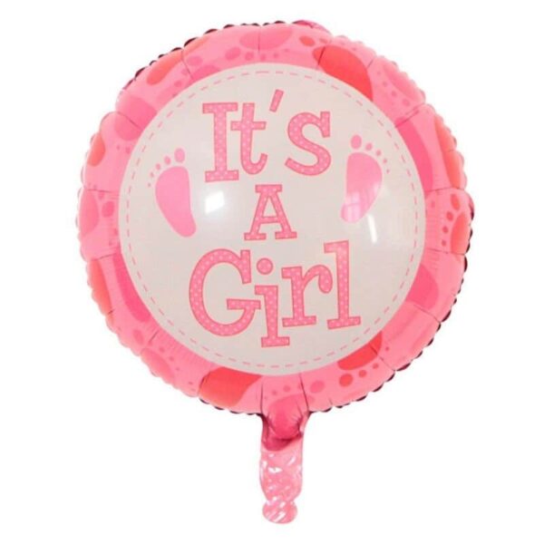 Balon din Folie Metalizata, , Figurina Rotunda, Model It's a Girl, Tema Gender Reveal, 45 cm, Ambalaj Individual, Pai Inclus, Umflare cu Aer sau Heliu, Roz