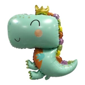 Balon din Folie Metalizata, , Figurina Dinozaur, Tema Animalute, 75-80 cm, Ambalaj Individual, Pai Inclus, Umflare cu Aer sau Heliu, Verde
