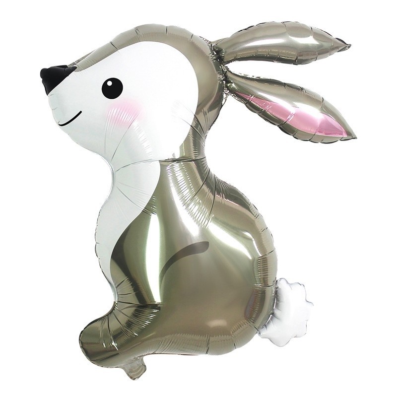 Balon din Folie Metalizata, , Ambalaj Individual, Pai Inclus, Model Iepure, Tema Animalute, 56x73 cm, Umflare cu Aer sau Heliu, Gri