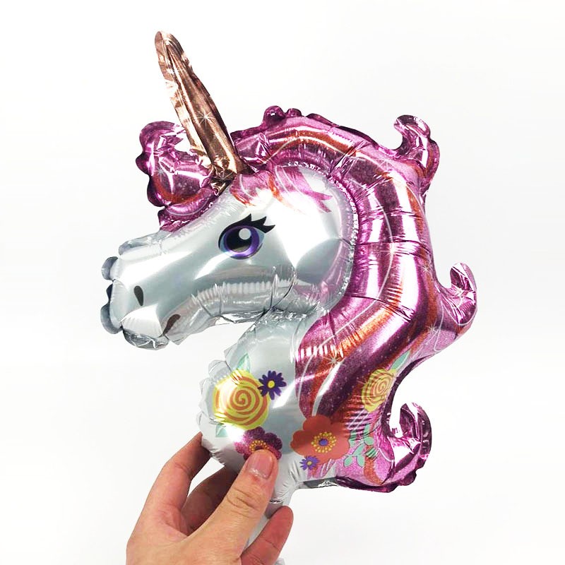 Balon din Folie Metalizata, , Figurina Unicorn, Tema Animalute, 30 cm, Ambalaj Individual, Pai Inclus, Umflare cu Aer sau Heliu, Roz - imagine 2
