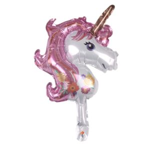 Balon din Folie Metalizata, , Figurina Unicorn, Tema Animalute, 30 cm, Ambalaj Individual, Pai Inclus, Umflare cu Aer sau Heliu, Roz