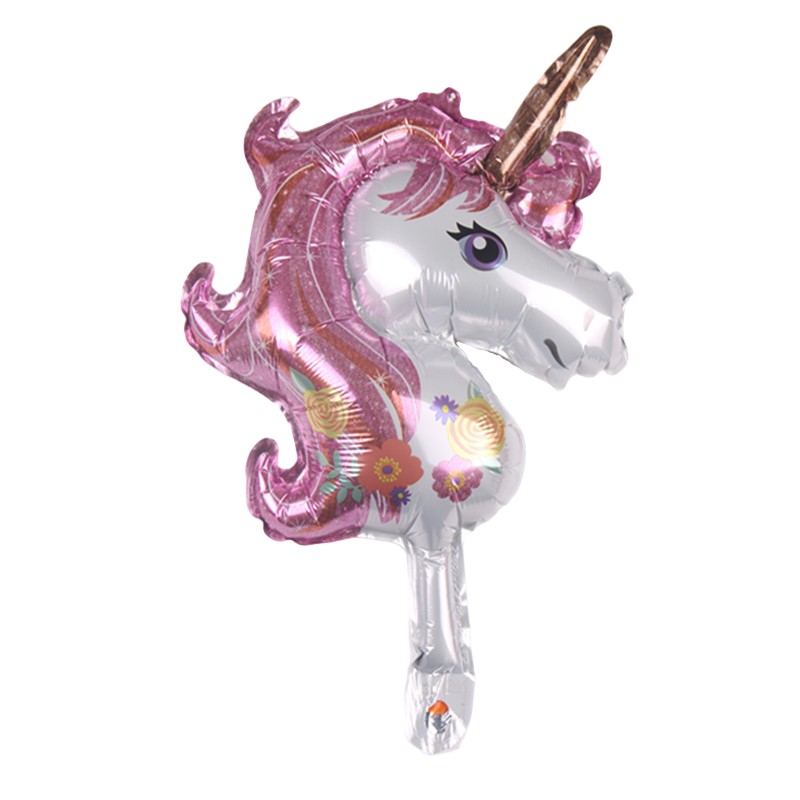 Balon din Folie Metalizata, , Figurina Unicorn, Tema Animalute, 30 cm, Ambalaj Individual, Pai Inclus, Umflare cu Aer sau Heliu, Roz