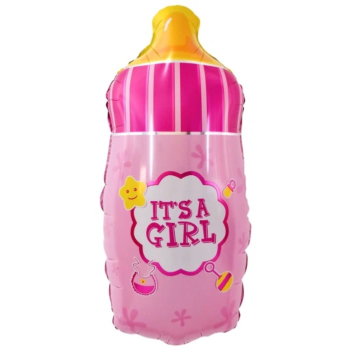 Balon din Folie Metalizata, , Mini Figurina Biberon, Model It's a Girl, Tematica Gender Reveal, 44x20 cm, Ambalaj Individual, Pai Inclus, Umflare cu Aer sau Heliu, Roz