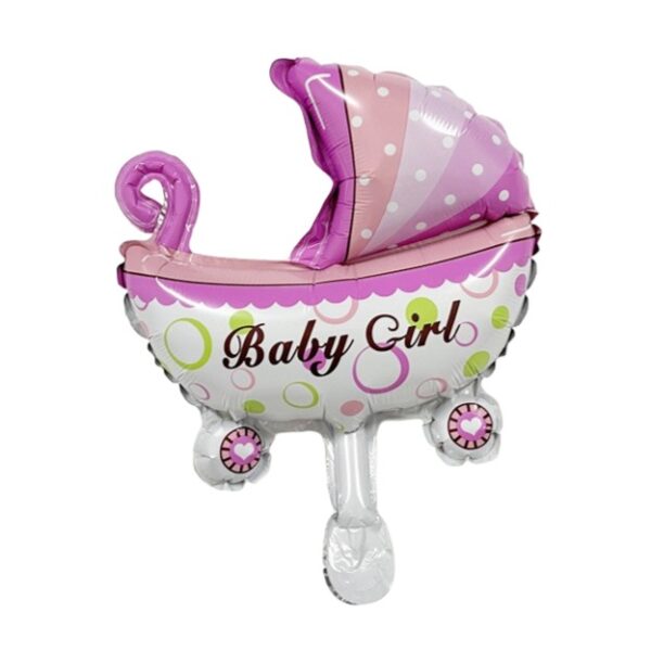 Balon din Folie Metalizata, , Mini Figurina, Model Carucior Bebelus, Tematica Gender Reveal, 39x29 cm, Ambalaj Individual, Pai Inclus, Umflare cu Aer sau Heliu, Roz