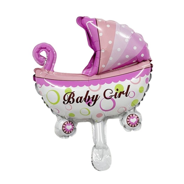 Balon din Folie Metalizata, , Mini Figurina, Model Carucior Bebelus, Tematica Gender Reveal, 39x29 cm, Ambalaj Individual, Pai Inclus, Umflare cu Aer sau Heliu, Roz