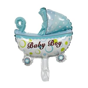 Balon din Folie Metalizata, , Mini Figurina, Model Carucior Bebelus, Tematica Gender Reveal, 39x29 cm, Ambalaj Individual, Pai Inclus, Umflare cu Aer sau Heliu, Albastru