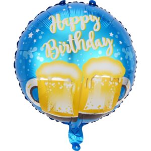 Balon din Folie Metalizata, , Mini Figurina Rotunda, Model Halbe de Bere, Happy Birthday, Tematica Aniversare, 45 cm, Ambalaj Individual, Pai Inclus, Umflare cu Aer sau Heliu, Albastru