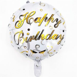 Balon din Folie Metalizata, , Mini Figurina Rotunda, Model Happy Birthday, Tema Aniversare, 45 cm, Ambalaj Individual, Pai inclus, Umflare cu Aer sau Heliu, Argintiu