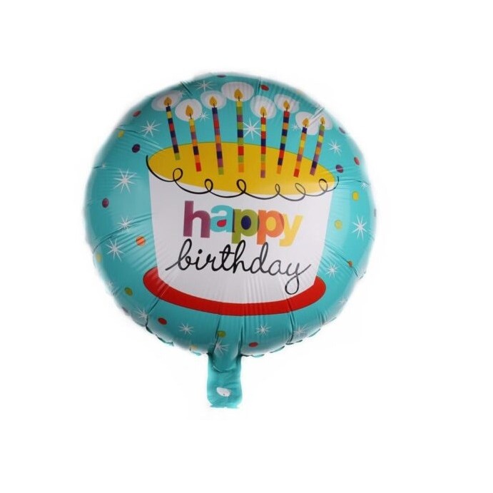 Balon din Folie Metalizata, , Mini Figurina Rotunda, Model Happy Birthday Tort, Tema Aniversare, 45 cm, Ambalaj Individual, Pai inclus, Umflare cu Aer sau Heliu, Albastru