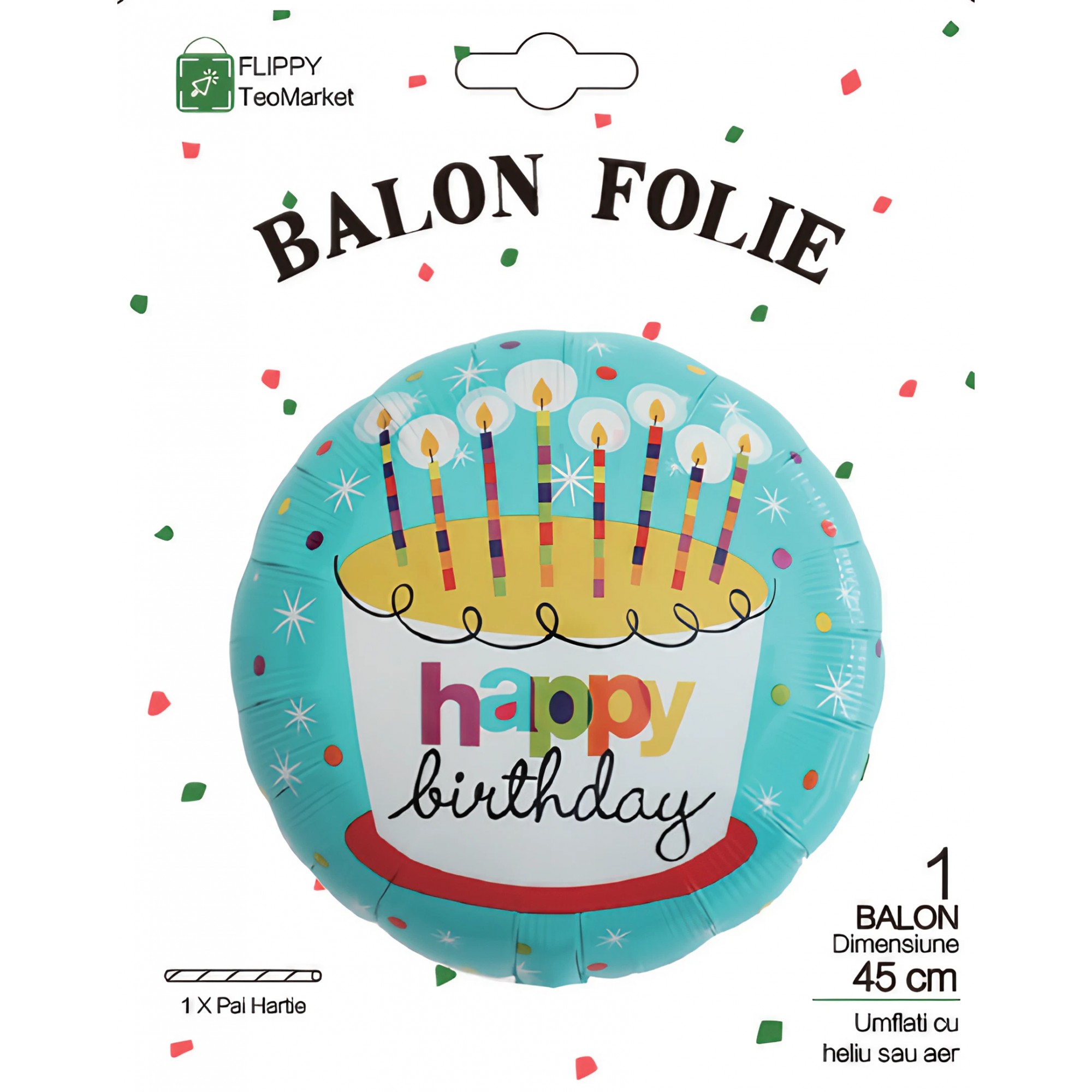 Balon din Folie Metalizata, , Mini Figurina Rotunda, Model Happy Birthday Tort, Tema Aniversare, 45 cm, Ambalaj Individual, Pai inclus, Umflare cu Aer sau Heliu, Albastru - imagine 4